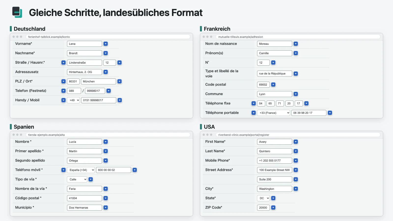 Dasselbe Profil in Formulare aus verschiedenen Ländern eingetragen, nebeneinander.