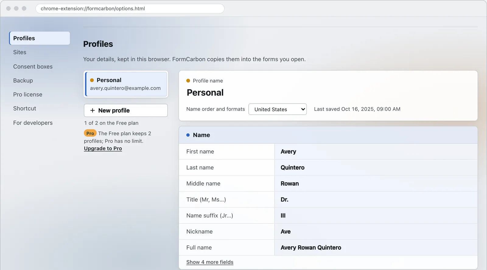 The settings page, Profiles. On the left, the profile Personal and a New profile button, with “1 of 2 on the Free plan” and a yellow Pro mark. On the right, the Name section lists First name Avery, Last name Quintero, Middle name Rowan, Title Dr., Name suffix III, Nickname Ave and Full name Avery Rowan Quintero.