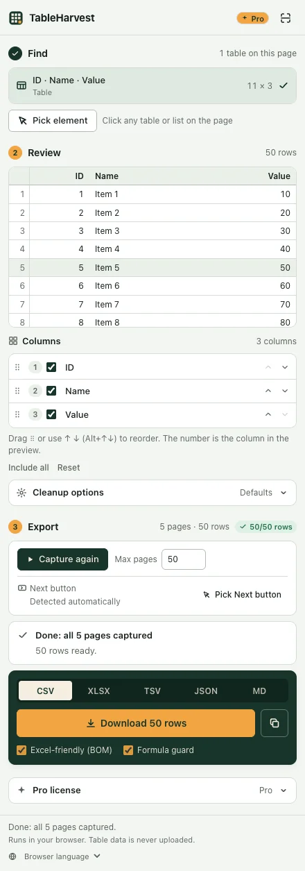 Die Seitenleiste von TableHarvest nach einer Erfassung: 5 Seiten, 50 von 50 Zeilen, bereit zum Download als CSV.