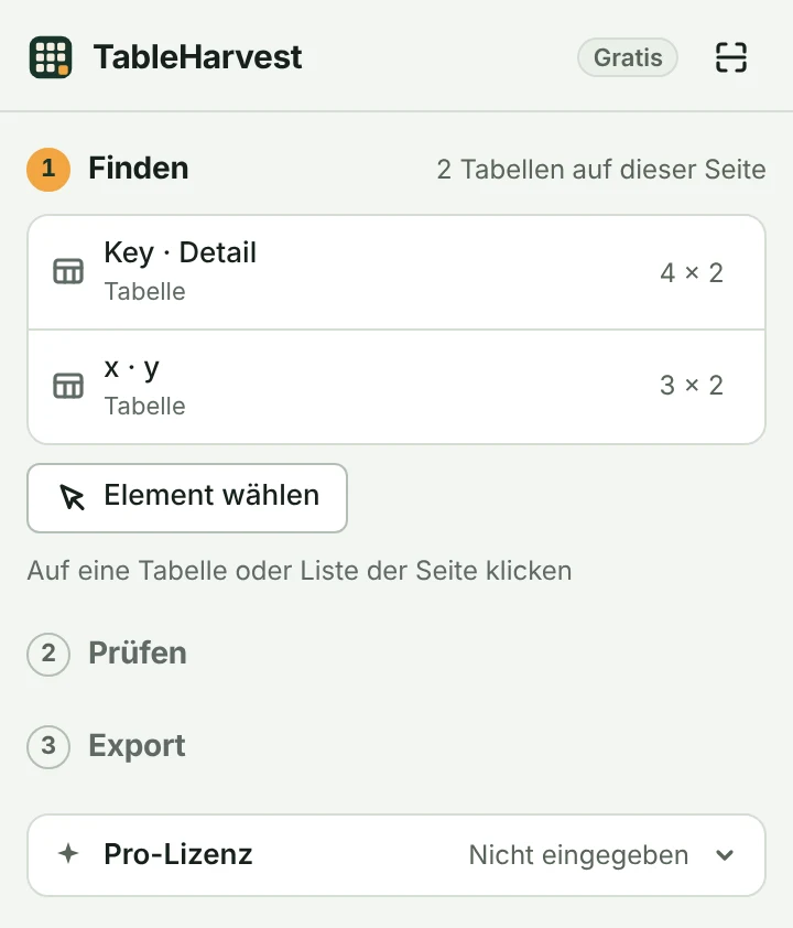 Die Seitenleiste von TableHarvest. Oben rechts steht Gratis, unten ist der Bereich Pro-Lizenz.