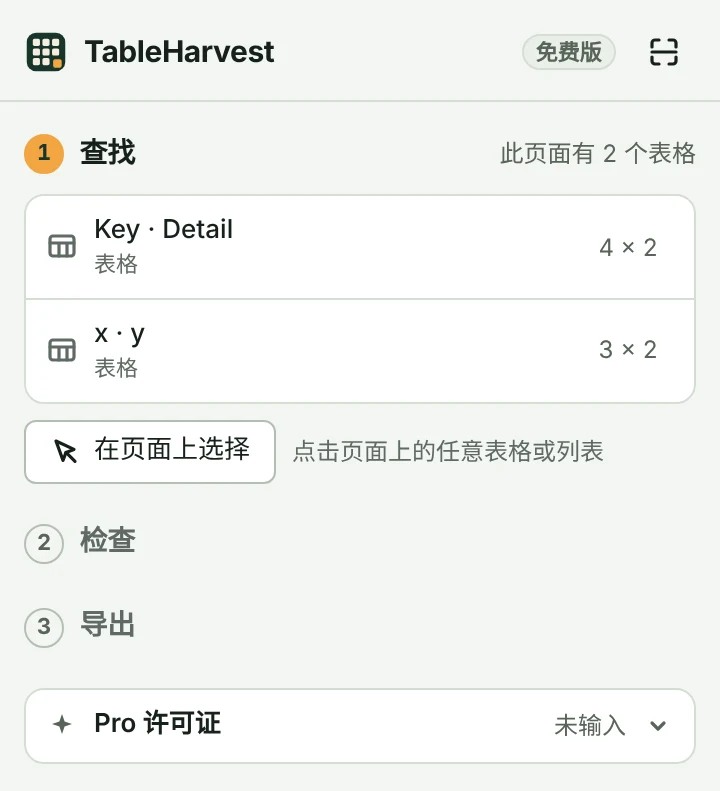 TableHarvest 侧边栏。右上角显示“免费版”，最下方是“Pro 许可证”。