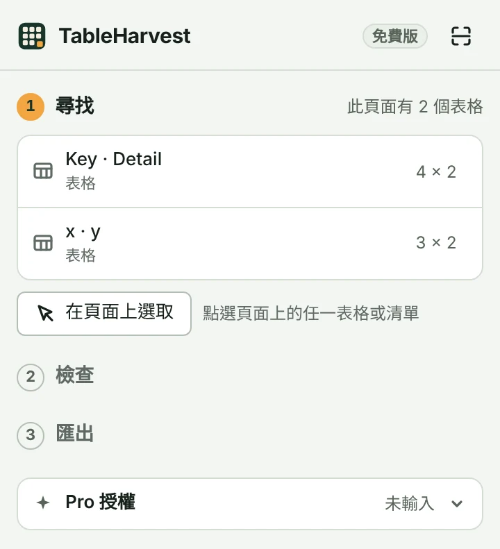 TableHarvest 側邊面板。右上角顯示「免費版」，最下方是「Pro 授權」。