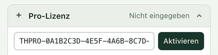 Der geöffnete Bereich Pro-Lizenz mit einem eingefügten Schlüssel, der mit THPRO- beginnt, daneben die Schaltfläche Aktivieren.