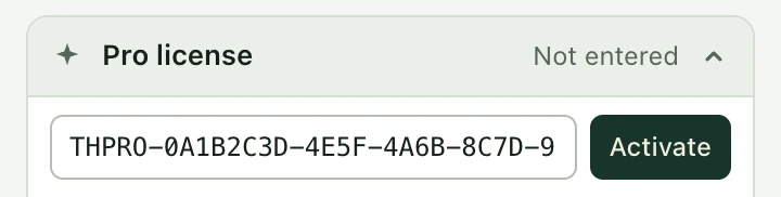 The Pro license section opened, with a key starting with THPRO- pasted in and the Activate button next to it.