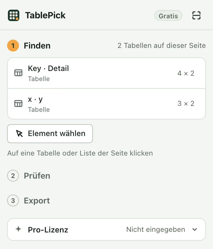 Die Seitenleiste von TablePick. Oben rechts steht Gratis, unten ist der Bereich Pro-Lizenz.