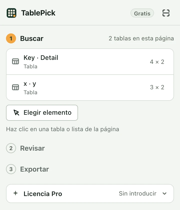 El panel lateral de TablePick. Arriba a la derecha pone Gratis; la sección Licencia Pro está abajo.