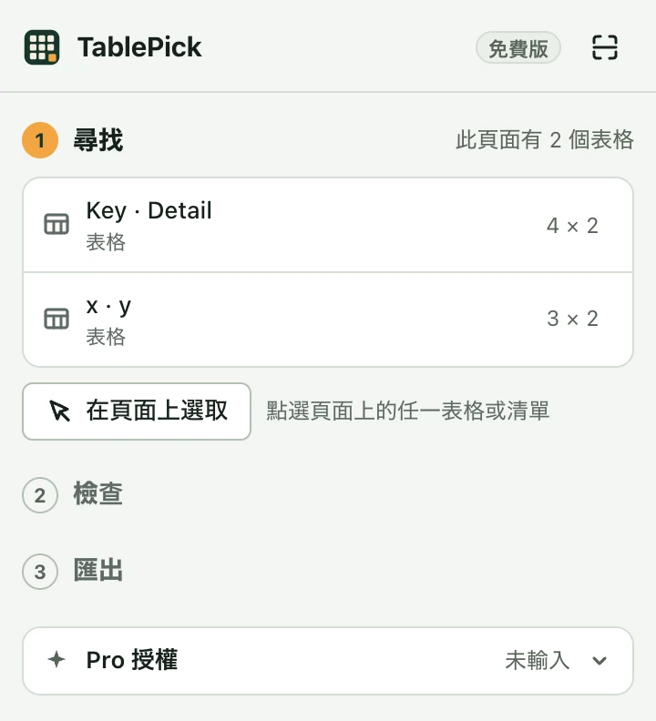 TablePick 側邊面板。右上角顯示「免費版」，最下方是「Pro 授權」。