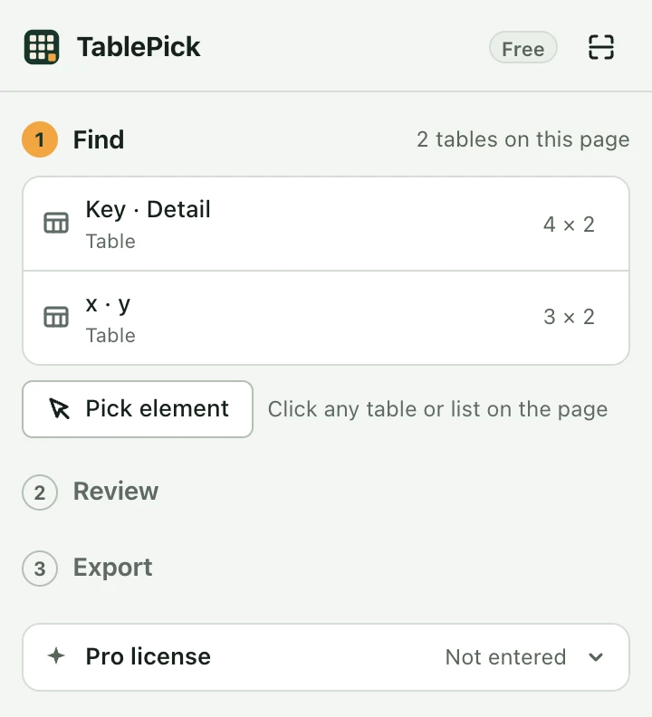 The TablePick side panel. The badge at the top right says Free; the Pro license section is at the bottom.